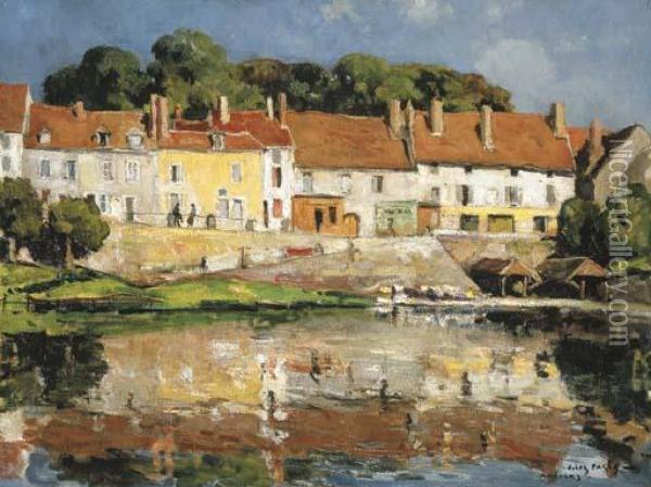 Old Houses On The River Loing Oil Painting - Jules Eugene Pages