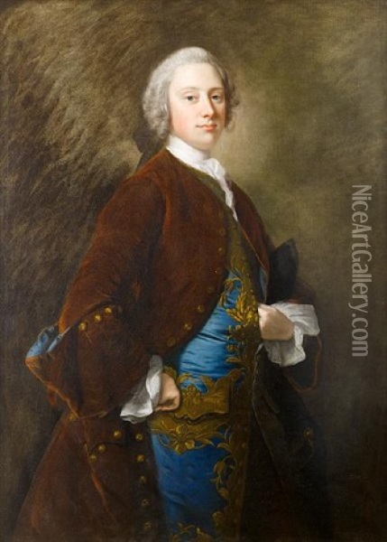 Portrait Of Assheton Curzon, 1st Viscount Curzon In A Brown Velvet Coat And Blue Waistcoat Trimmed With Gold, A Tricorn Hat Beneath His Left Arm Oil Painting - Thomas Hudson