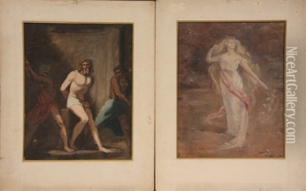 Christ Bound For Scourging By Two Soldiers (study) (+ Standing Woman With Long Blonde Flowing Hair, White Classical Gown With Red Sash... (study); Pair) Oil Painting - Pierre Narcisse Guerin