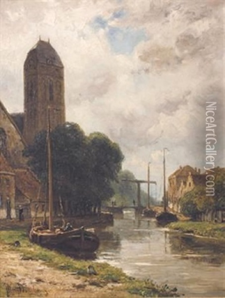 A Canal Scene Oil Painting - Jan Willem Van Borselen