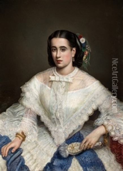 Retrato De Dama Con Abanico Oil Painting - Antonio Gomez Cros