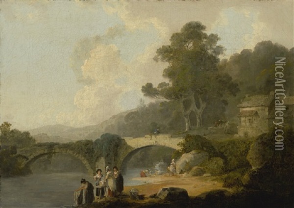 Landscape With Washerwomen In The Foreground, An Arched Bridge Beyond Oil Painting - Julius Caesar Ibbetson