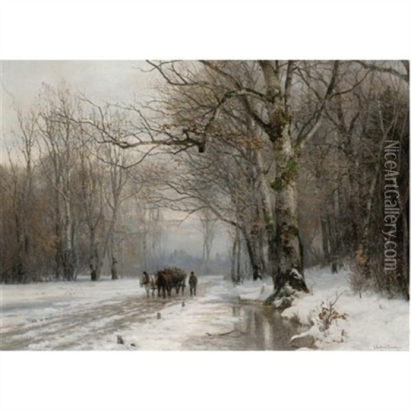 Winter Landscape With A Horse-drawn Cart Oil Painting - Anders Andersen-Lundby