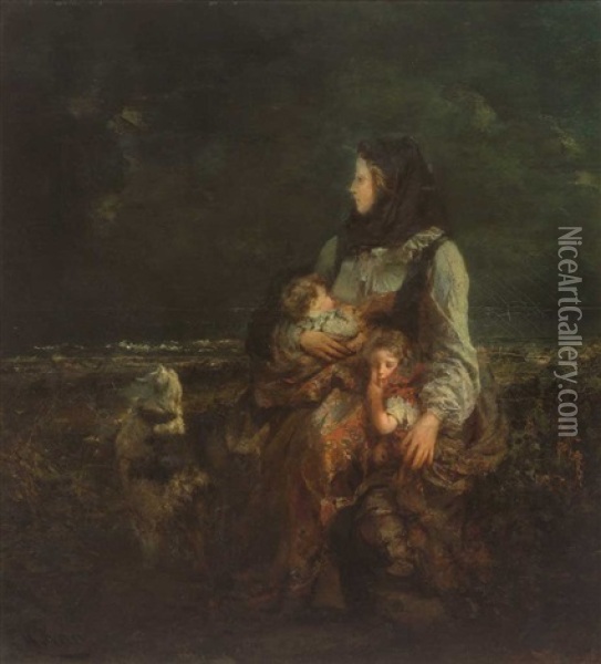 Mutter Mit Zwei Kindern Und Spitz, Am Strand Wartend Oil Painting - Hermann Kay