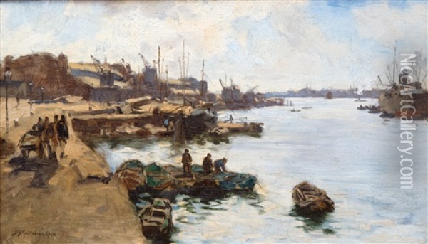 Roeibooten / Rowing Boats In The Rhine Harbour, Rotterdam Oil Painting - Johan Hendrik van Mastenbroek