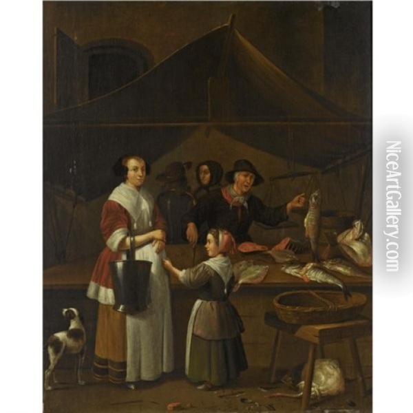 A Woman And A Young Girl Buying Fish At A Market Stall Oil Painting - Quiringh Gerritsz van Brekelenkam