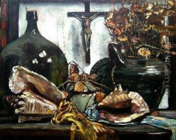 Still Life Of Crucifix, Bottles And Shells; Oil Painting - Philippe Rousseau