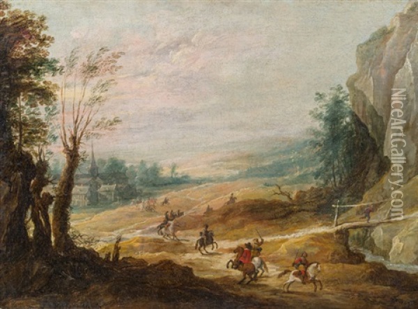 Weite Landschaft Mit Reitern, Im Hintergrund Ein Dorf Oil Painting - Joos de Momper the Younger