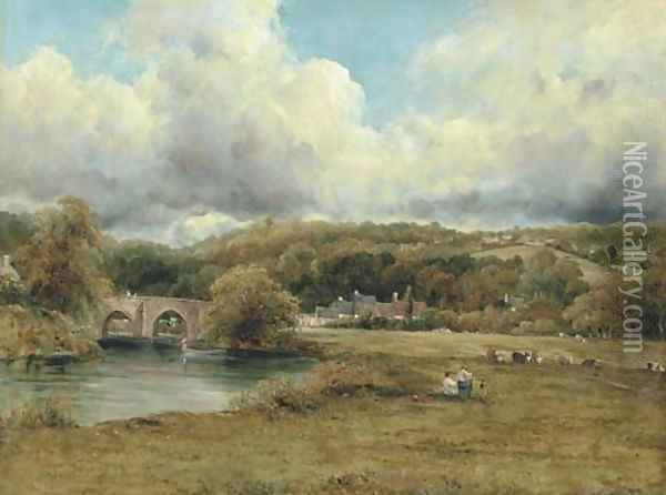 A Wooded River Landscape With A Hamlet By A Bridge, And A Village On A Hill Beyond, Traditionally Identified As Near Abingdon, Berkshire Oil Painting - Frederick Waters Watts