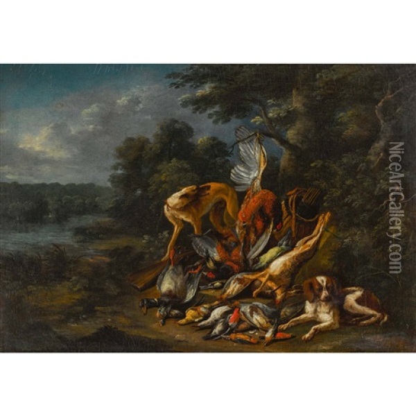 Zwei Jagdhunde Mit Federvieh Und Hase In Der Landschaft Oil Painting - Adriaen de Gryef