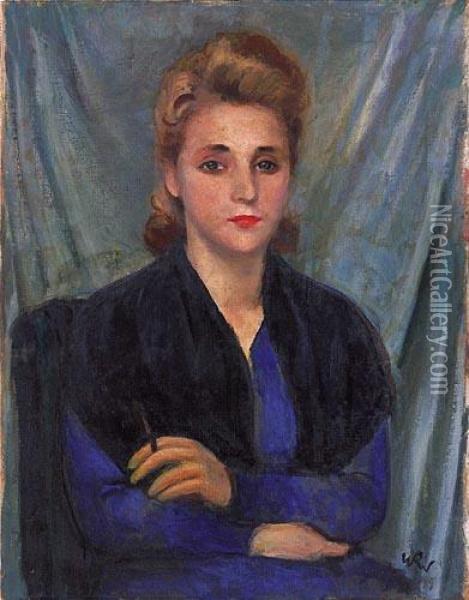 Portret Kobiety W Szafirowej Sukni Oil Painting - Wojciech Weiss