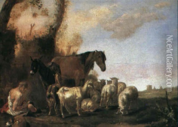 Landskap Med Herde Och Boskap Oil Painting - Karel Dujardin