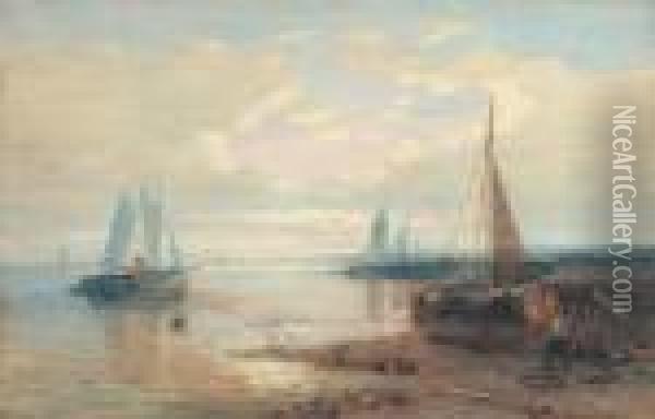 A Calm: A Coastal Landscape With Moored Sailing Barges Oil Painting - Abraham Hulk Jun.