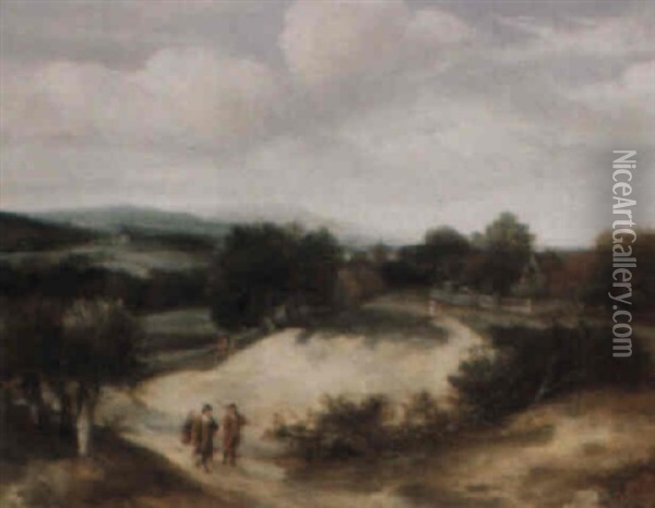 A Dune Landscape And A Small Village With Hunters Beyond Oil Painting - Guillam Dubois