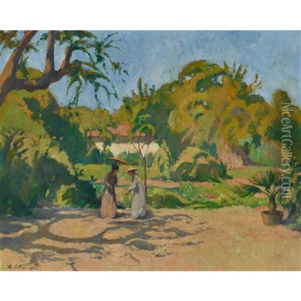 Sonniger Garten Mit Zwei Frauen Unter Dem Sonnenschirm Oil Painting - Arthur Morard
