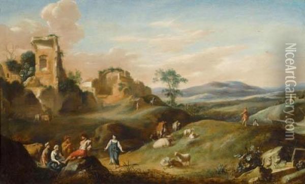 Landscape With Ruins, Herdsmen And Cattle. Oil Painting - Cornelis Van Poelenburch