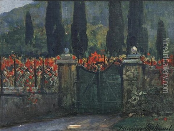 Gartentor Am Gardasee, Dahinter Uppige Rote Blumen Und Zypressen Oil Painting - Otto Hammel
