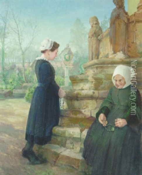 To Kvinder Ved Calvaire, Bretagne Oil Painting - Peder Jacob Marius Knudsen