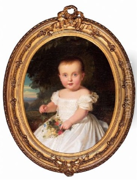 Portrait Eines Kleinen Madchens. Halbfigur In Weisem Kleidchen Vor Abendlandschaft Oil Painting - Wilhelm Volkhart