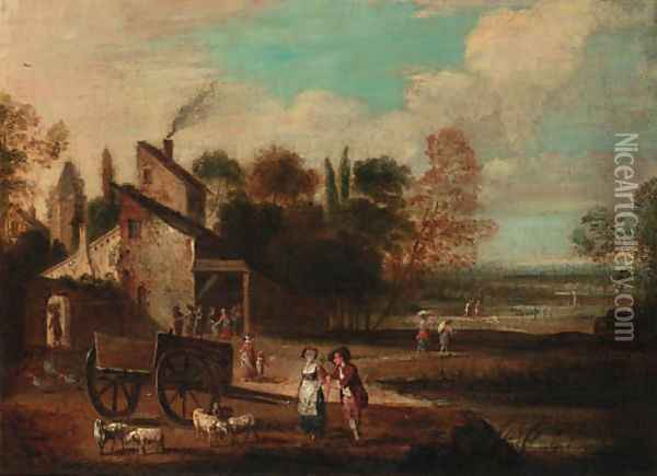 Figures in a farmyard Oil Painting - French School