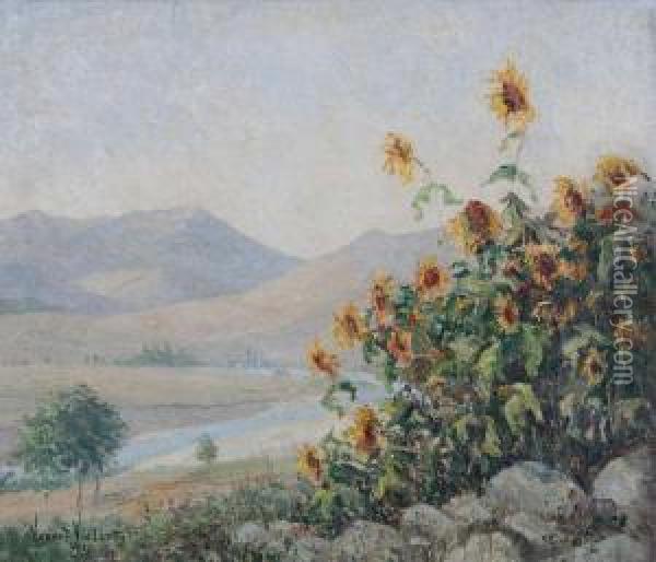 Zuiders Berglandschap Met Zonnebloemen Voor Rivier Oil Painting - Yvonne Vonnot-Viollet