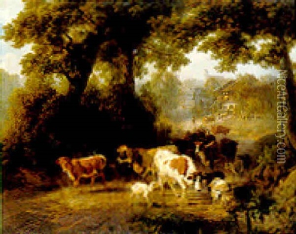 Cattle On A Woodland Path Oil Painting - Robert Eberle