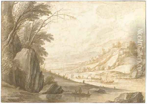 An extensive landscape with fishermen on a broad river, a ruined castle beyond Oil Painting - Maerten De Cock