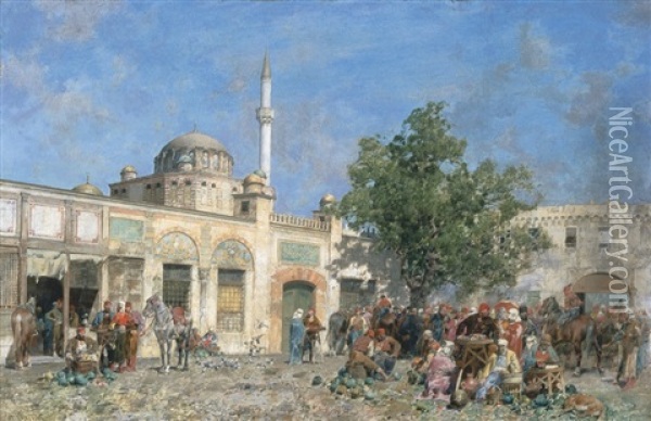 Il Mercato Di Costantinopoli, Presso Le Mura, The Market Of Constantinople Oil Painting - Alberto Pasini
