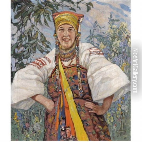 Young Woman In Traditional Ukrainian Costume Oil Painting - Konstantin Semionovich Vysotsky