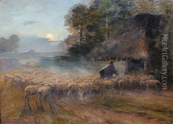 Heimkehr Des Schafers Und Seiner Herde In Mondheller Nacht Oil Painting - Alexandre Gaston Guignard