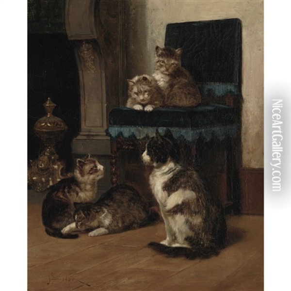 Mother Cat And Her Kittens By A Blue Chair Oil Painting - John Henry Dolph