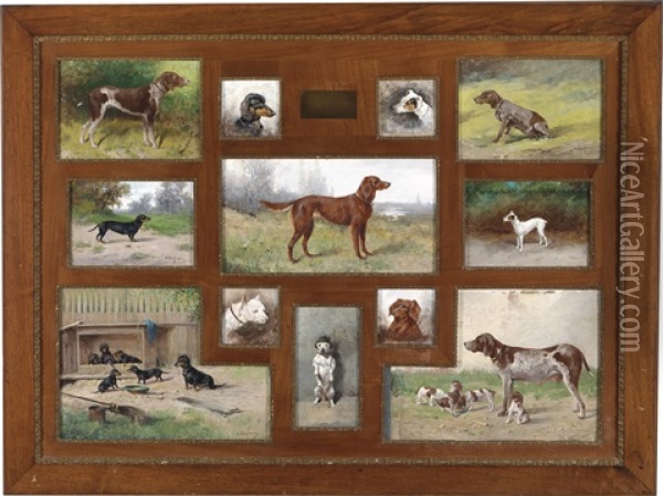 Jagdhunde (12 Works Framed Together) Oil Painting - Adolf Kaufmann