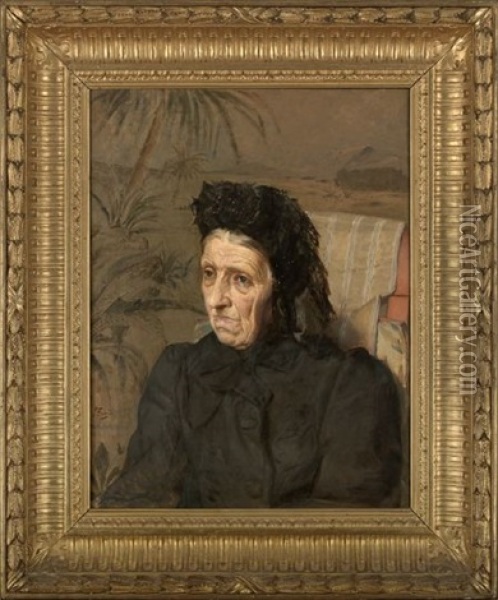 Portrait Of An Elderly Woman Dressed In Black Seated Near Palm Trees Oil Painting - Ruggero Focardi