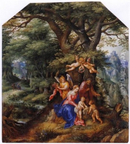 Sacra Famiglia Con San Giovannino E Angeli In Un Paesaggio Boschivo Oil Painting - Denis van Alsloot