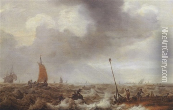 Shipping In Choppy Seas With Fishermen On The Shore In The Right Foreground, A Town Beyond Oil Painting - Cornelis Leonardsz Stooter