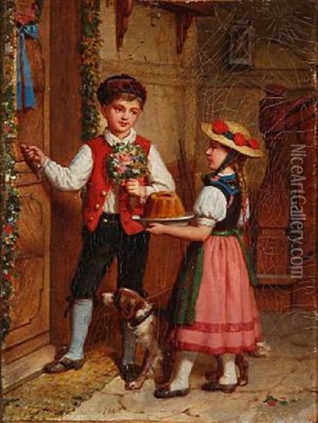 A Boy And A Girl With Cake And Flowers Knoking On A Door Oil Painting - Elisabeth Anna Maria Jerichau-Baumann