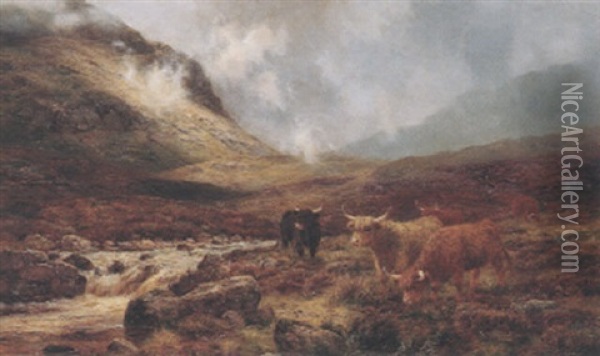 Highland Cattle By A Stream Oil Painting - Louis Bosworth Hurt