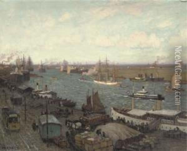 A Busy Day In The Harbour Of Stettin, Poland Oil Painting - Hans Hartig