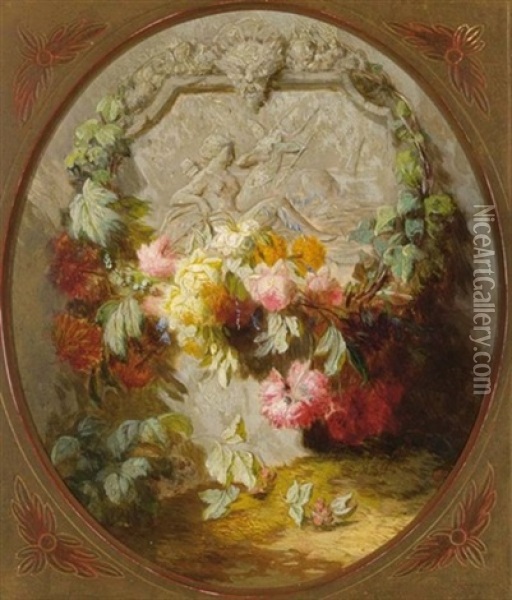 A Flower Still Life In Front Of A Marble Relief Depicting Diana As The Godess Of The Hunt Oil Painting - Jean-Baptiste Robie
