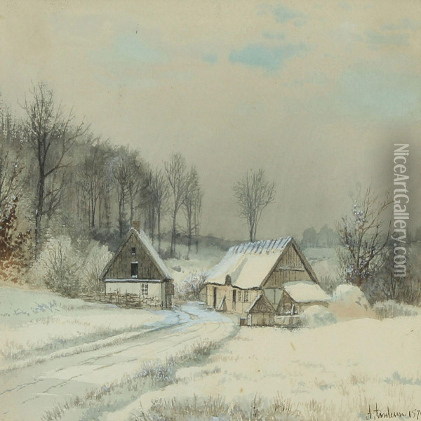 Wintry Landscape With Small Houses In A Forest Oil Painting - A. Andersen-Lundby