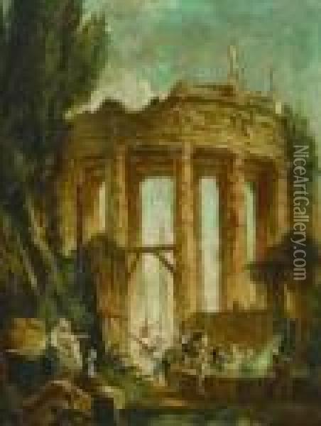 Cavaliers Et Lavandieres A La Fontaine Devant Des Ruinesantiques Oil Painting - Hubert Robert