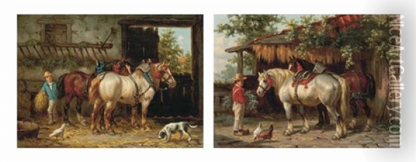 Feeding The Horses (+ The End Of The Day; Pair) Oil Painting - Willem Jacobus Boogaard