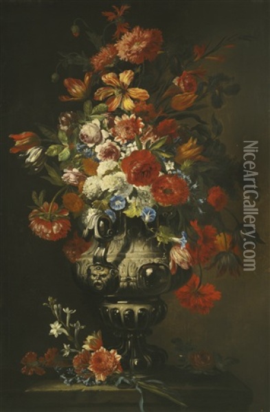 A Still Life Of Roses, Chrysanthemums And Tulips In An Ornate Silver Vase On A Stone Pedestal Oil Painting - Abraham Brueghel