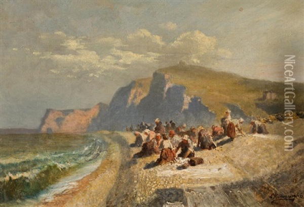 Wascherinnen Am Strand Von Etretat (normandie) Oil Painting - Charles Euphrasie Kuwasseg