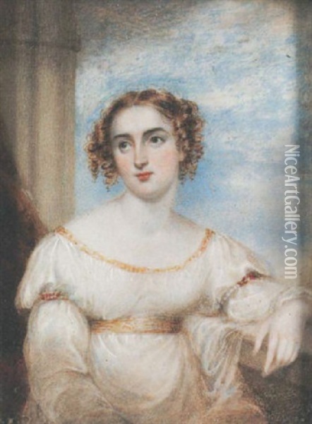 Miss Mary Ann Bates Seated Before A Column, Wearing Decollete White Dress With Gold Trim And Matching Waistband, Sleeves Held With Pearl And Ruby Armlets Oil Painting - Mary Anne Knight