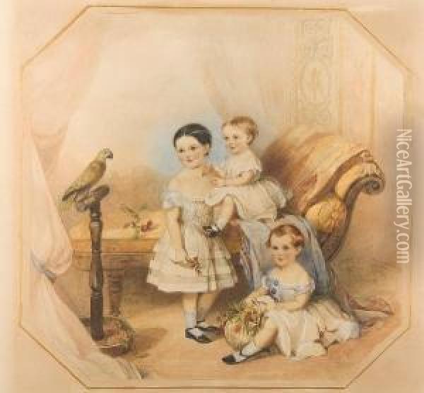 Portrait Of Three Children And A Parrot Oil Painting - Emily Maria Spafard Scott