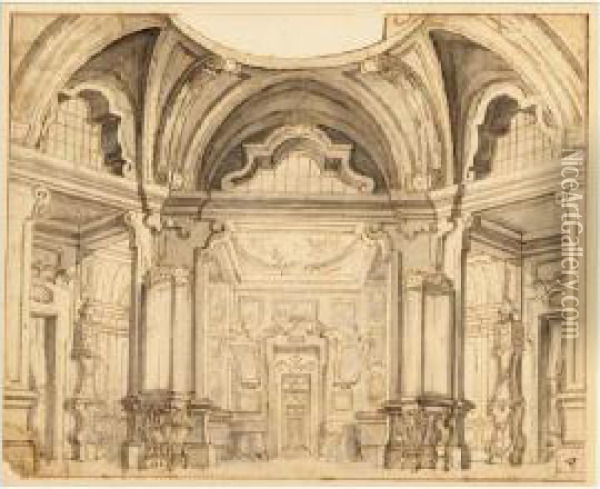 Set Design Of A Palace Interior Oil Painting - Ferdinando Galli Bibiena