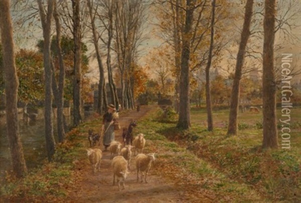 Jeune Bergere Et Son Troupeau Dans Un Sous-bois Oil Painting - Marie Francois Firmin-Girard