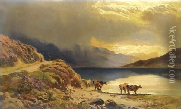 Cattle Watering Beside A Highland Loch Oil Painting - Sidney Richard Percy