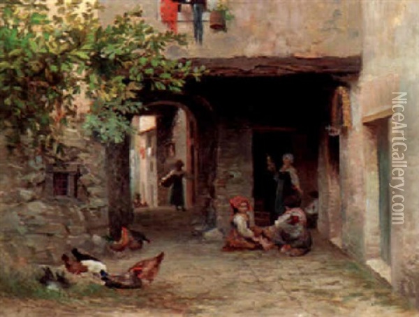 Family At Work With Chickens In The Courtyard Oil Painting - Lorenzo Cecconi